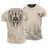 Beige t-shirt with black Spartan helmet logo on a white background